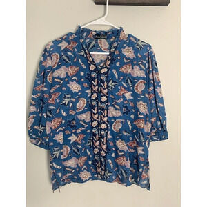 Jessica Valentina Button Up Blouse Shirt Ruffle V-Neck 3/4 Inch Sleeves Size 40